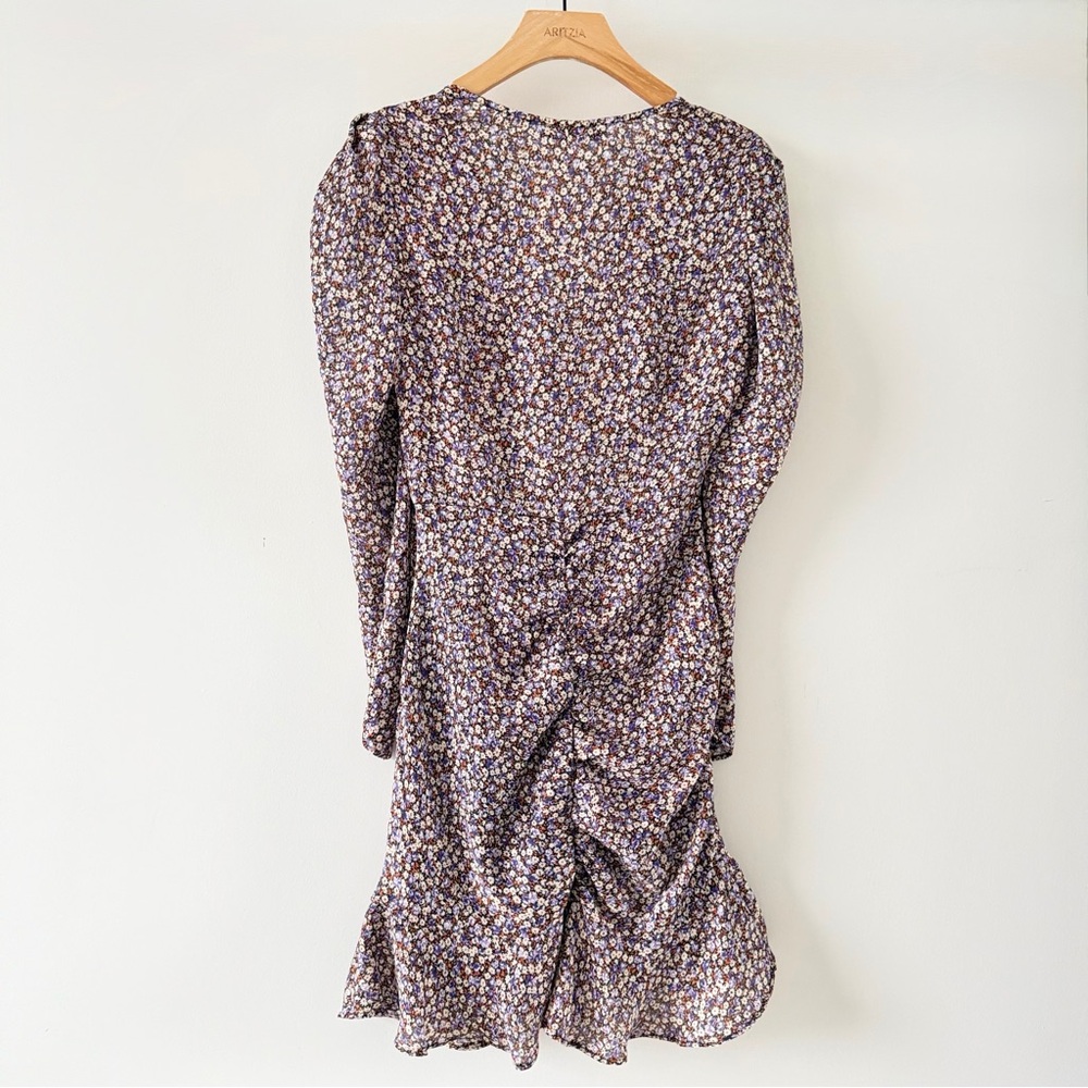 Zara Floral Ruched Mini Dress Size M Purple Black Long Sleeve V-Neck Ruffle Hem - Picture 8 of 14